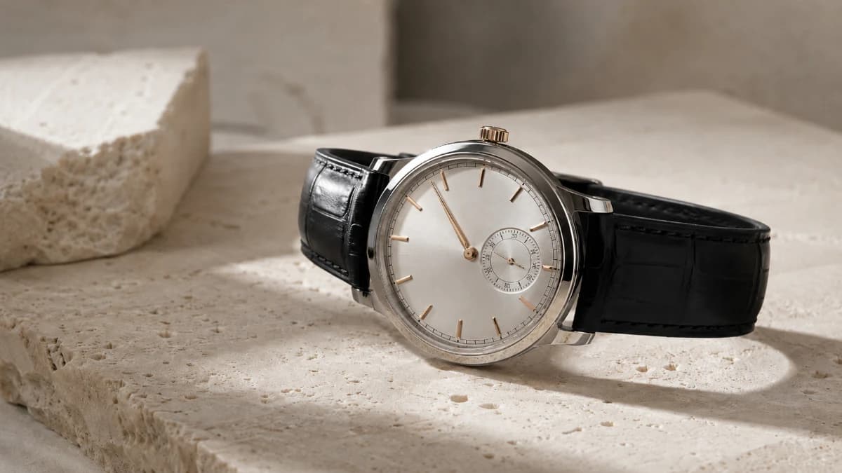 Uhrenversicherung für hochwertige Uhr prüfen: Armbanduhr auf Steinfläche zur Einordnung von Wert, Nutzung und Risiken