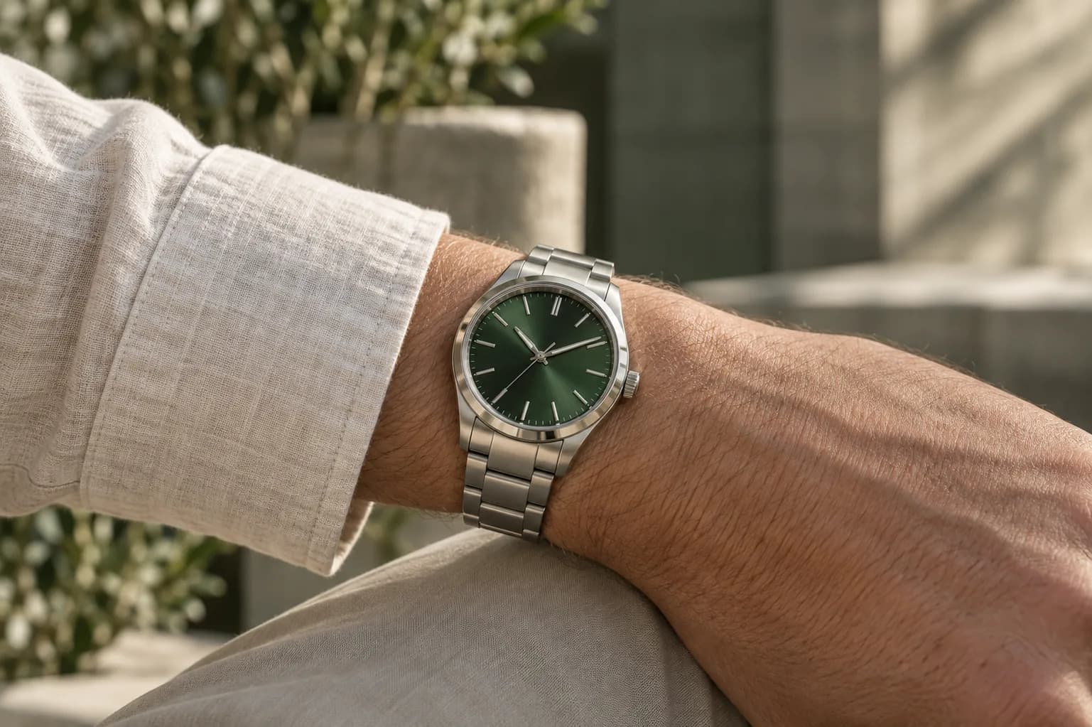 Armbanduhr mit grünem Zifferblatt am Handgelenk neben einer hellen Hemdmanschette